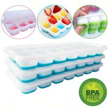 Ice Tray With Lid 3-Piece Kit Super-Resistant Silicone Base Baby Food Holder Introduction To Food - 藍色 - 查看 1
