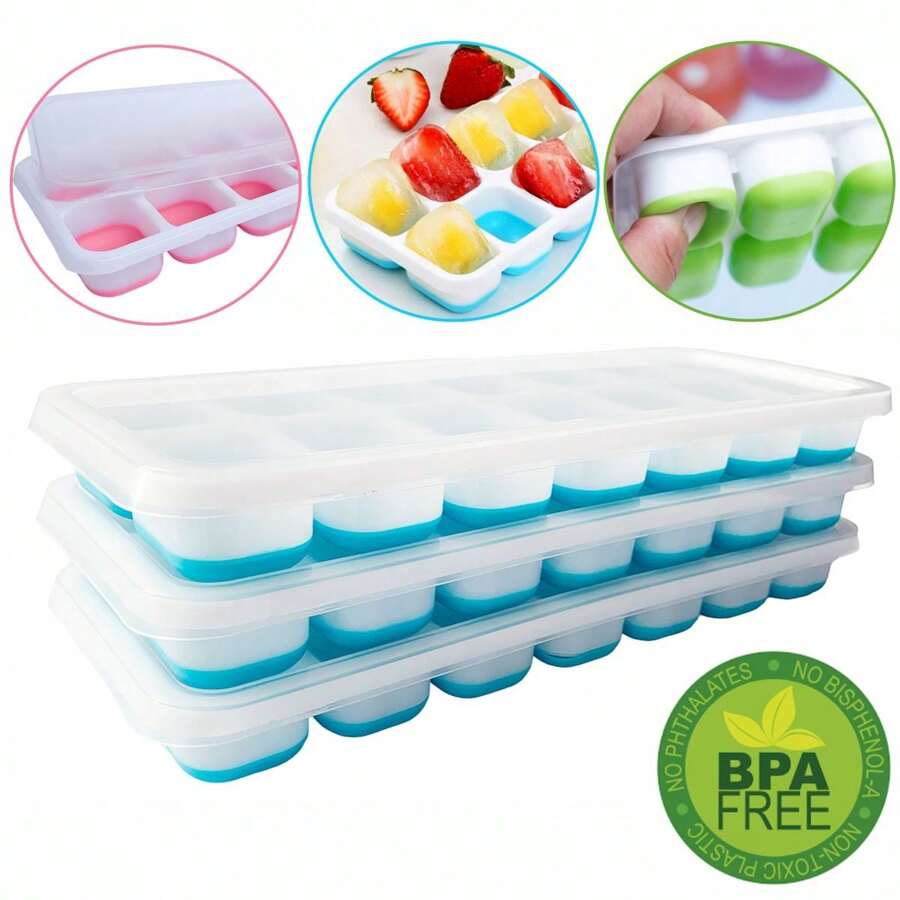 Ice Tray With Lid 3-Piece Kit Super-Resistant Silicone Base Baby Food Holder Introduction To Food - 藍色 - 查看 1