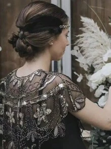 亮片刺绣花卉披肩，优雅透气网眼披肩，女士闪亮派对围巾