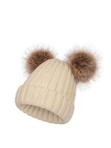 Cute Bear Woolen Beanie Hat With Pompom, Thick & Stretchy, Suitable For Women Winter Outdoor Wear