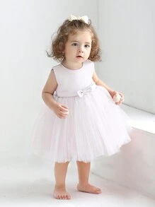 嬰兒女寶寶白色蓬蓬袖蕾絲連衣裙，適用於婚禮和特殊場合，適合0-2歲 - 白色 - 查看 1