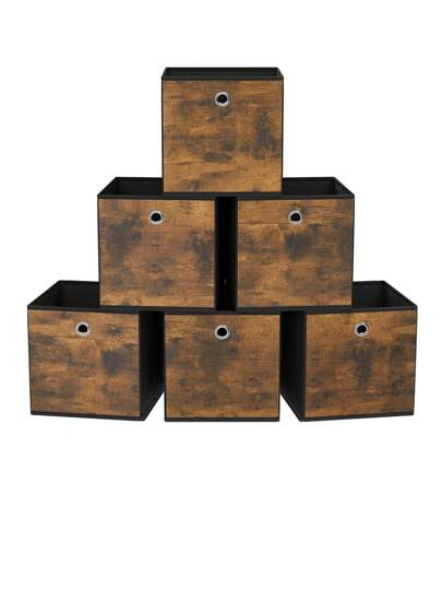  SONGMICS Juego de 6, Caja Almacenaje, Cajas de Almacenamiento con Asa, Caja Organizadora de Tela, 26 x 26 x 28 cm, Ajustable, Plegable, Marrón Rústico y Negro