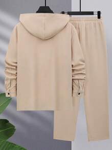 2 Teile Herren Set aus Leinenfühl-Lässig-Kapuzen-Langarmhemd und Kordelzug-Lang-Hose, Herbst - Aprikosenfarben - Übersicht 2