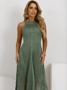 Women Sweater Dresses - Olive Green - View 3