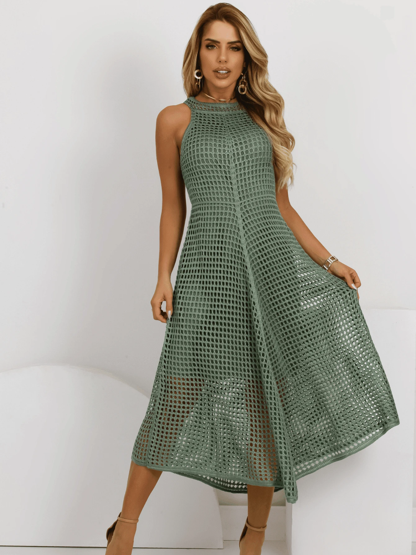 Women Sweater Dresses - Olive Green - View 1