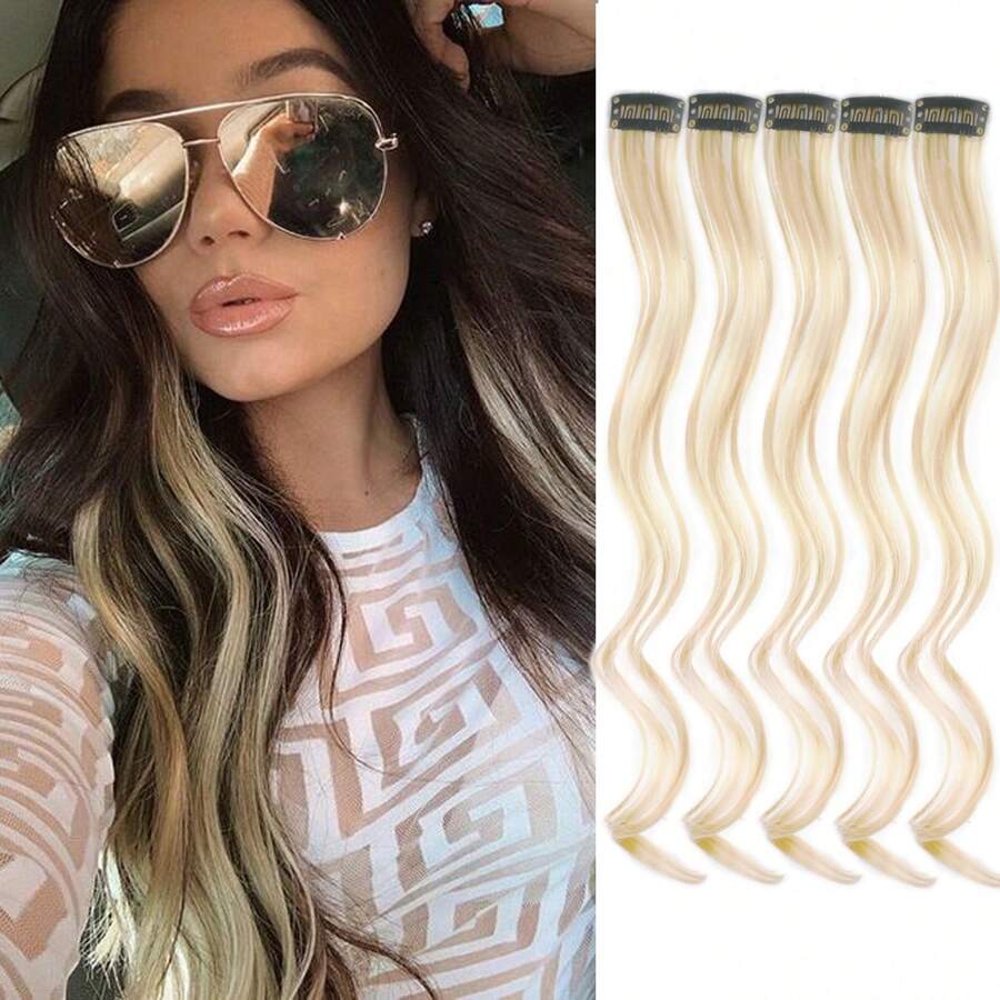 5pcs Colorful Hair Extensions, Party Highlights, Curly Wavy Hair Clips, Clip-In Synthetic Highlights, Suitable For Girls And Women, 17 Inches