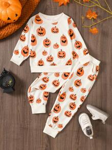 Young Boy Halloween Pumpkin Print Long Sleeve Crew Neck Sweatshirt Set