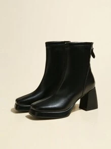 2025 秋冬新款女式简约高跟靴，8厘米防水台，防水台，复古风格，黑色，方头，后拉链，橡胶鞋底，优雅的PU材质 - 黑色 - 查看 7