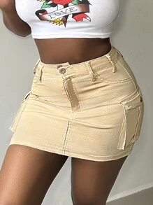 Women's Stretch Cargo Skirt | Hugging Mini Denim With Pockets, Edgy Streetwear Daily Outfit - 卡其色 - 查看 3