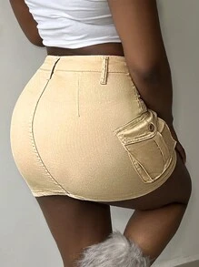 Women's Stretch Cargo Skirt | Hugging Mini Denim With Pockets, Edgy Streetwear Daily Outfit - 卡其色 - 查看 6