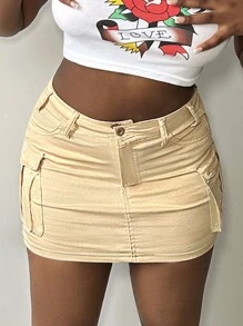 Women's Stretch Cargo Skirt | Hugging Mini Denim With Pockets, Edgy Streetwear Daily Outfit - 卡其色 - 查看 1