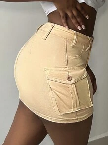 Women's Stretch Cargo Skirt | Hugging Mini Denim With Pockets, Edgy Streetwear Daily Outfit - 卡其色 - 查看 5