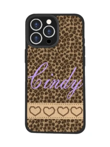 1pc Personalized Leopard Print Heart Leather Phone Case With Custom Name Initials, Shockproof Protective Cover For Couples, Family Holiday Gift
