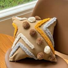 1pc Bohemian Plush Geometric Pom Pom Decorative Throw Pillow Case For Living Room, Bedroom, Party, Cute Embroidered