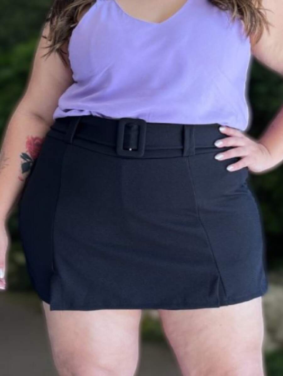 Women's Plus Size Skirt Shorts High Waist Crepe Mesh Elastane With Belt - màu đen - Xem 1