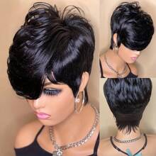 The Short Cut Pixie Wigs Human Hair Wigs  Machine Made Wig Natural Color Daily Use Human Hair Wig - Natural Black - View 3