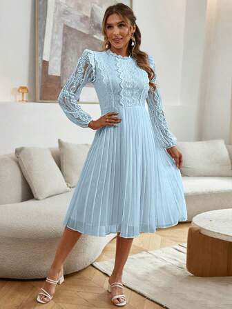 Simplee Damska jesienna koronkowa sukienka patchworkowa z długim rękawem i plisą w jednolitym kolorze, elegancka sukienka formalna, sukienka na wesele, sukienka urodzinowa