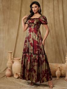 Vestido de noche con mangas abullonadas, acentos metálicos en color block y corte globo, elegante traje de gala para invitada de boda, graduación o cena - Multicolor - Ver 5