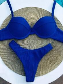 Biquini Meia Taça Retro Aro Calcinha Fio Duplo Semi Fio Ana Ruga Com Bojo Conjunto Moda Praia Verão - Azul Royal - Visão 5