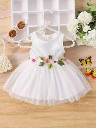 Baby Girls Floral Design Contrast Mesh Elegant Cute Sleeveless A-Line Dress, Summer