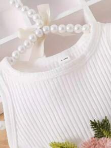 女婴花卉图案撞色网眼优雅可爱无袖 A 字裙，夏季 - 白色 - 查看 3