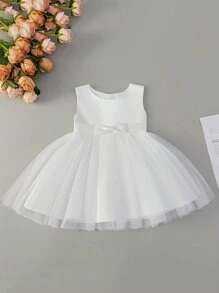 嬰兒女寶寶白色蓬蓬袖蕾絲連衣裙，適用於婚禮和特殊場合，適合0-2歲 - 白色 - 查看 5