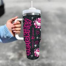 1pc 40oz Stainless Steel Water Bottle With Handle, Vacuum Insulated Travel Tumbler With Cute  Pattern, Includes Straw