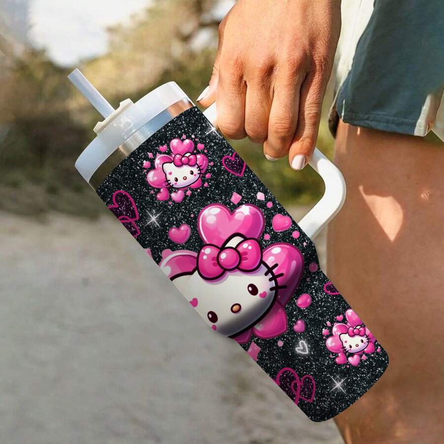 1pc 40oz Stainless Steel Water Bottle With Handle, Vacuum Insulated Travel Tumbler With Cute  Pattern, Includes Straw