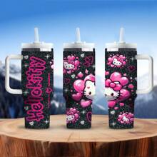 1pc 40oz Stainless Steel Water Bottle With Handle, Vacuum Insulated Travel Tumbler With Cute  Pattern, Includes Straw