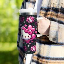 1pc 40oz Stainless Steel Water Bottle With Handle, Vacuum Insulated Travel Tumbler With Cute  Pattern, Includes Straw