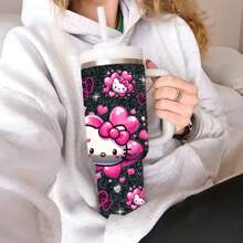 1pc 40oz Stainless Steel Water Bottle With Handle, Vacuum Insulated Travel Tumbler With Cute  Pattern, Includes Straw