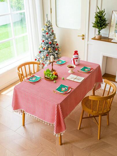 1 件圣诞亮红色格子桌布，带米色流苏，节日装饰餐桌布，适用于家庭厨房餐厅，适合主题派对、宴会、聚会、圣诞节和新年装饰、礼物