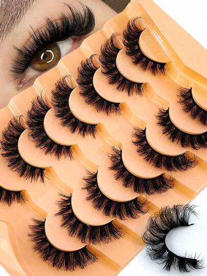 7Pairs/Pack Natural Thick Fluffy Volume False Eyelashes Dramatic Messy Mink Lashes Wispy Long 8D Volume Lasting Wispy False Eyelash Strips Foxy Eye Lifting Look Extension Full Eyelash Strip To Lengthen And Volumize The Outer Corner Of Your Eye