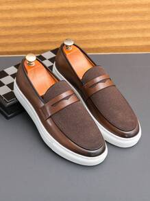 Men's Flat Bottom Splice Sports Style Casual Loafers Dress Shoes, Solid Color - Brown - View 11