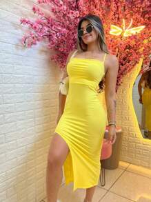 Ribbed Midi Dress With Slit And Opening At The Back - 黃色 - 查看 1