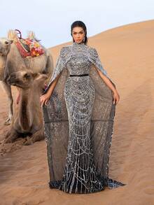 Faeriesty 奢华闪亮珠饰亮片长裙，配披肩和鱼尾裙摆——高端定制，美人鱼礼服，明星同款红毯礼服，适合婚礼、盛大晚宴和名人派对。派对、正式场合、优雅度假、春季 - 黑色 - 查看 6