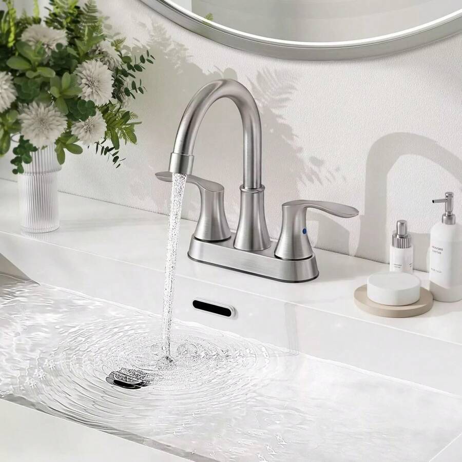 Matte Black/Brushed Nickel/Oil Rubbed Bronze Centerset Bathroom Faucet - 4" 3-Hole 2 Handle High Arc Design | 360° Swivel Spout & Drain Assembly | Solid Brass Construction | Modern Vanity Sink Set - Brushed Nickel - View 1