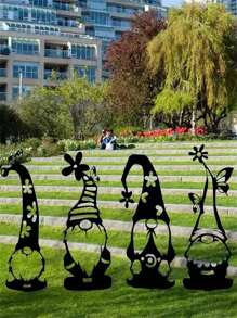 4pcs 30cm Metal Garden Stakes, Iron Hollow Faceless Figurine With Butterfly & Flower Designs, Suitable For Outdoor Garden Lawn Planter Decoration