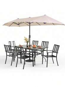 8-Piece Patio Dining Set Outdoor Patio Table And Chairs With Umbrella,Beige - 1 - View 1