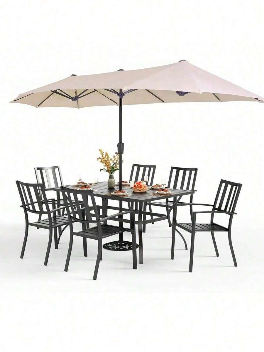 8-Piece Patio Dining Set Outdoor Patio Table And Chairs With Umbrella,Beige - 1 - View 1