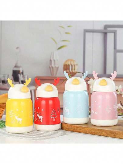 1 pieza Taza de vidrio de doble capa con diseño de dibujos animados lindos, taza de agua con diseño de dibujos animados navideños