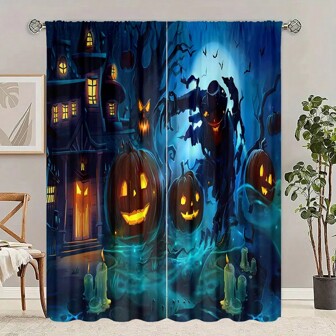 2pcs Halloween Pumpkin Printed Decorative Sheer Curtains - Rod Pocket, Digital Printing, Polyester Material, Suitable For Living Room, Kitchen, Bedroom, Study Room, Home Decor