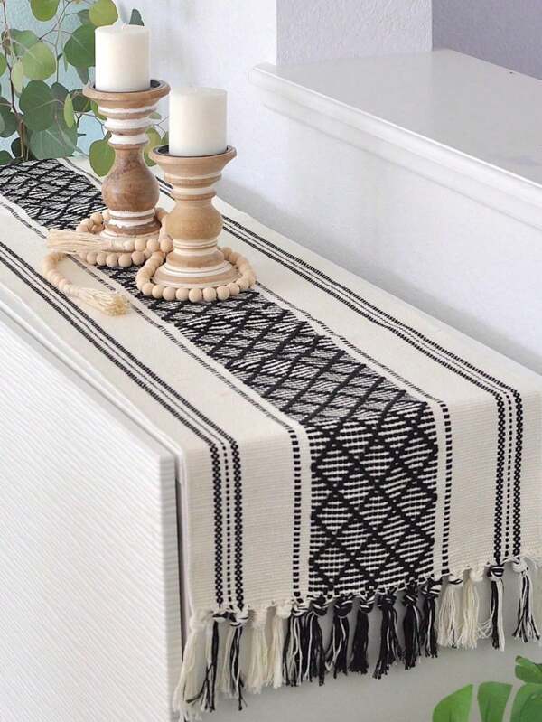 Caminho de mesa boho com borlas, cômoda lavável, cachecol e topper para quarto, console de fazenda, decoração central de mesa com franjas.