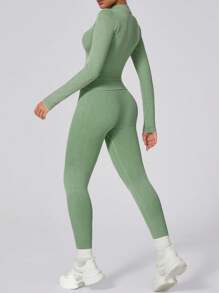 1 Set Women's Fashion Matte Long Sleeve Long Pants Workout Set, Ribbed Zip Sports Suit For Outdoor Shapewear - Army Green - View 3