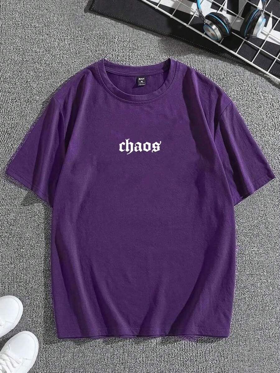 Unisex Chaos Letters Streetwear T-Shirt 100% Cotton - Màu tím - Xem 1