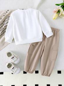 2pcs Baby Girls Casual Cute Long Sleeve Bow Embroidered Sweatshirt And Cargo Pants Outfit, Spring Autumn