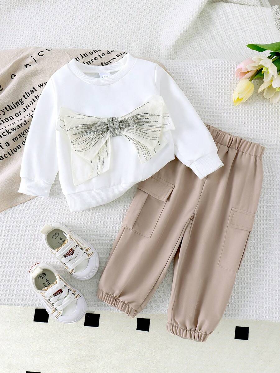 2pcs Baby Girls Casual Cute Long Sleeve Bow Embroidered Sweatshirt And Cargo Pants Outfit, Spring Autumn