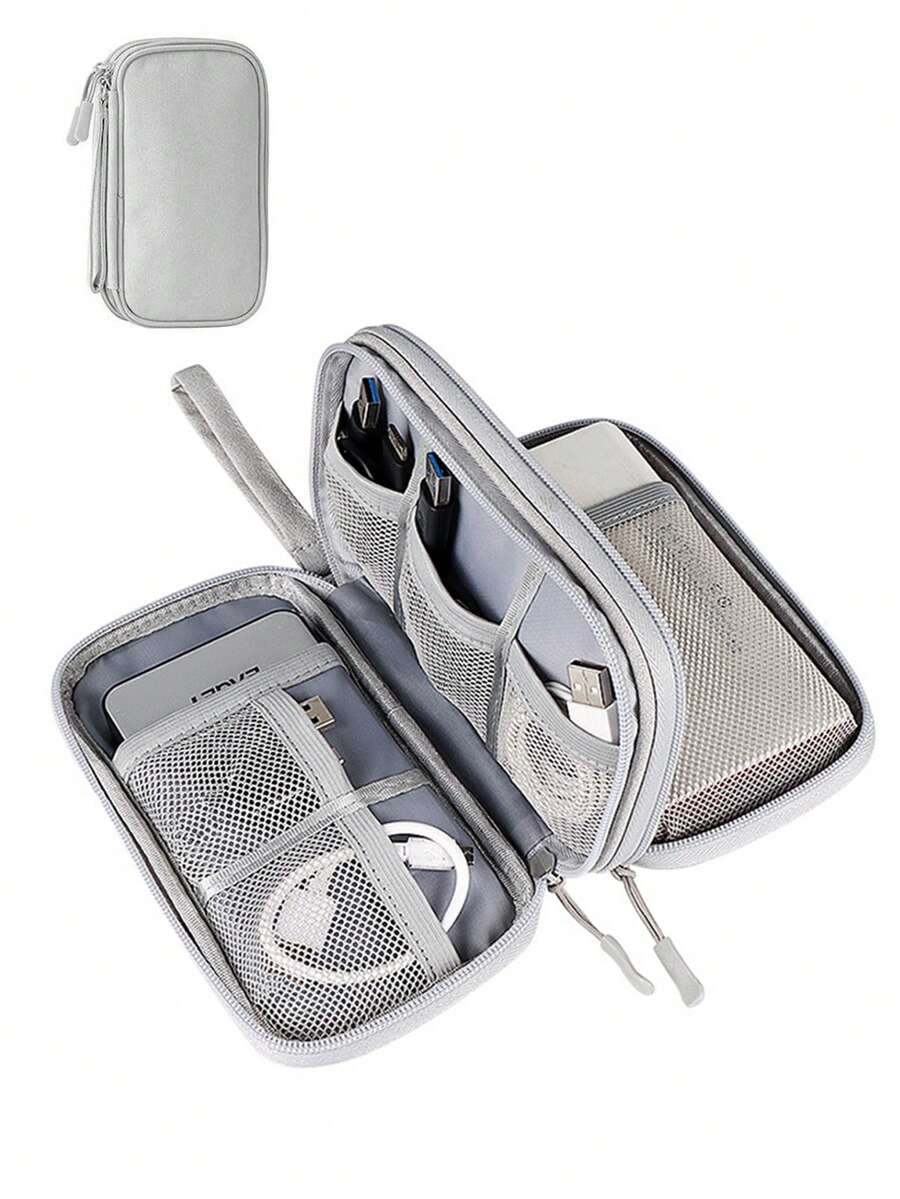 1pc Data Cable Storage Bag Waterproof Portable Carry Case Multi-Layers Storage Bag Travel Organizer Bag For Cable Cord Charger Storage - Grey - View 1