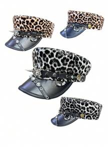 1pc Couple Style Year-Round Unique Design Punk Fashion Leopard Print Pattern Naval Beret Hat With Metal Studs, Leather Buckle, Spider Decoration, Vintage Distressed PU Leather Newsboy Cap