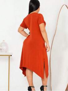 Plus Size Asymmetrical Dress Women's Short Sleeve With Side Pockets Large Size Summer Fashion Saruel Fits 38 To 48 Max Women's Fashion - Ngói - Xem 2